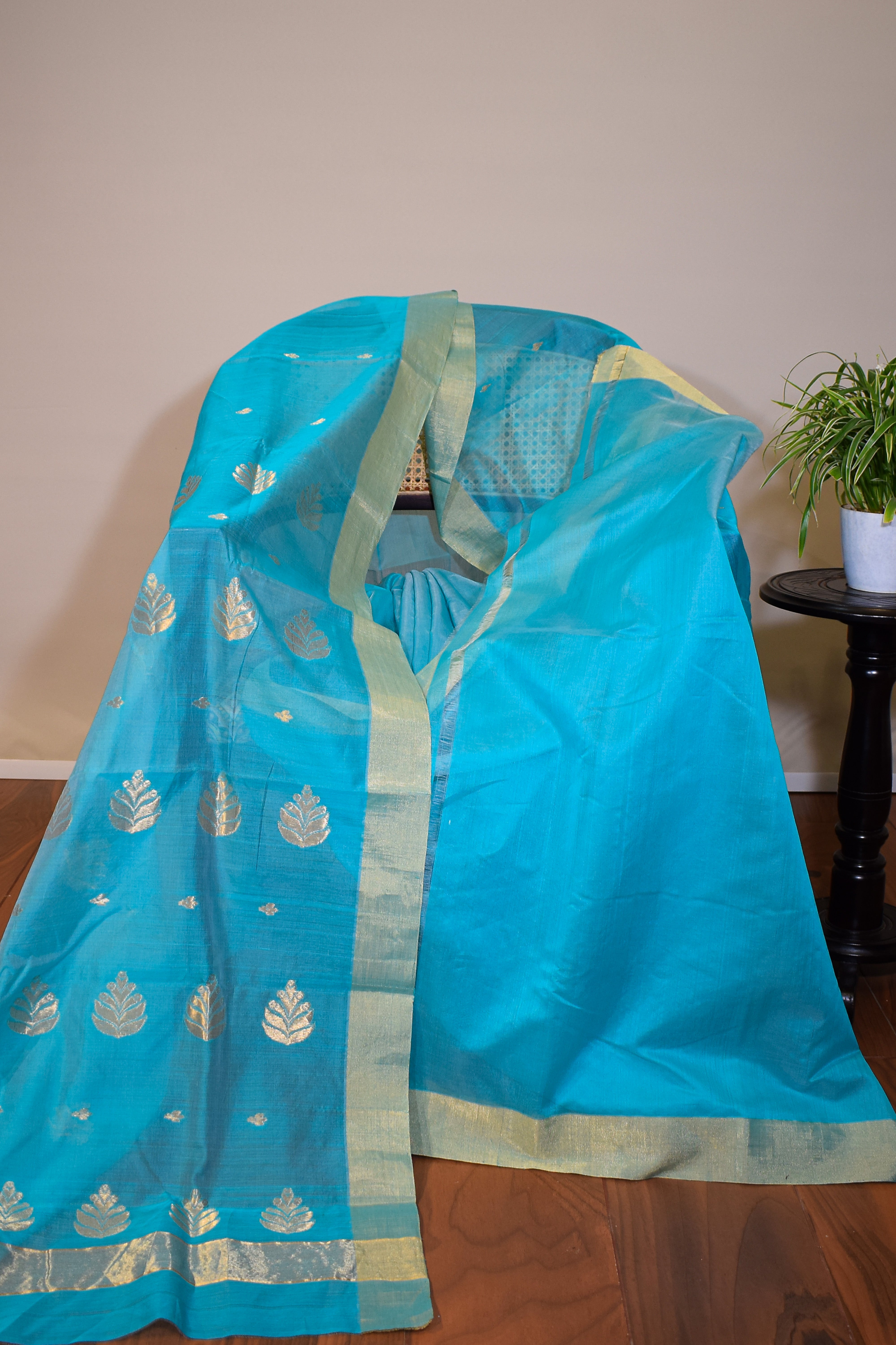 Pure handloom chanderi saree with golden zari weaving-Coppersulphate blue