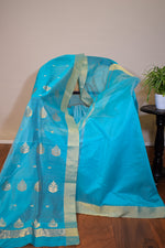 Pure handloom chanderi saree with golden zari weaving-Coppersulphate blue