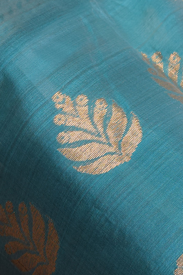 Pure handloom chanderi saree with golden zari weaving-Coppersulphate blue