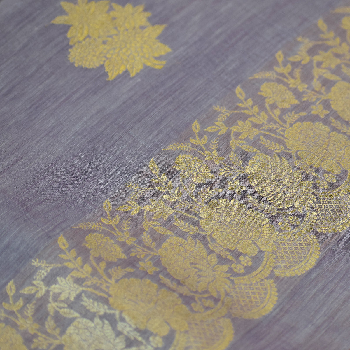 Lavender Grey Banarasi Linen Tussar Suit Set with Antique Zari Weave and Handcrafted Tassels