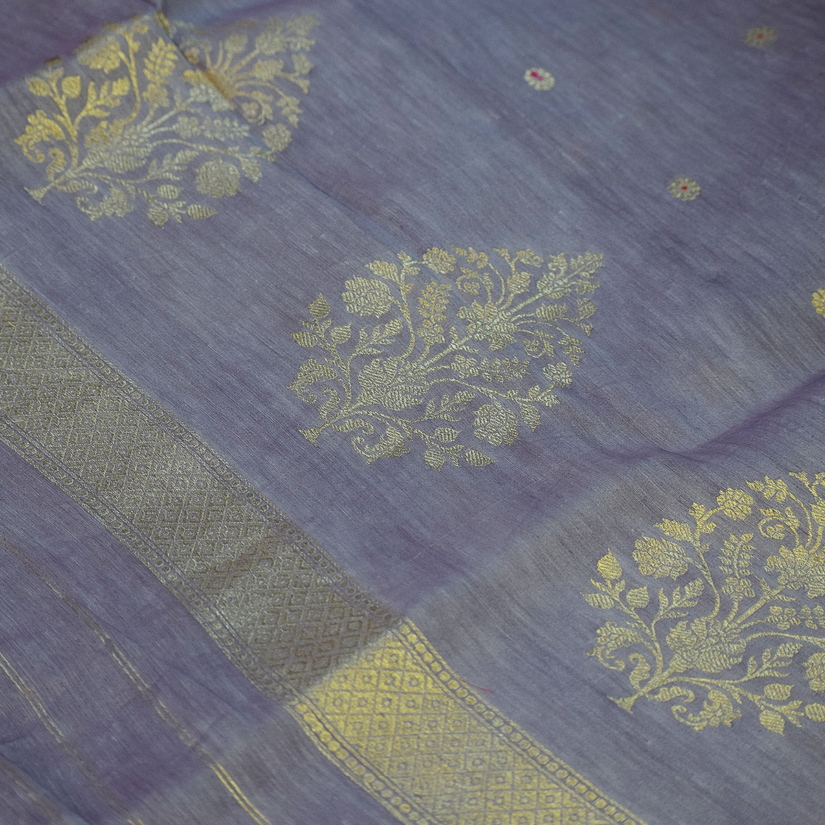 Lavender Grey Banarasi Linen Tussar Suit Set with Antique Zari Weave and Handcrafted Tassels