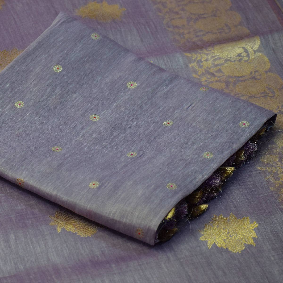 Lavender Grey Banarasi Linen Tussar Suit Set with Antique Zari Weave and Handcrafted Tassels