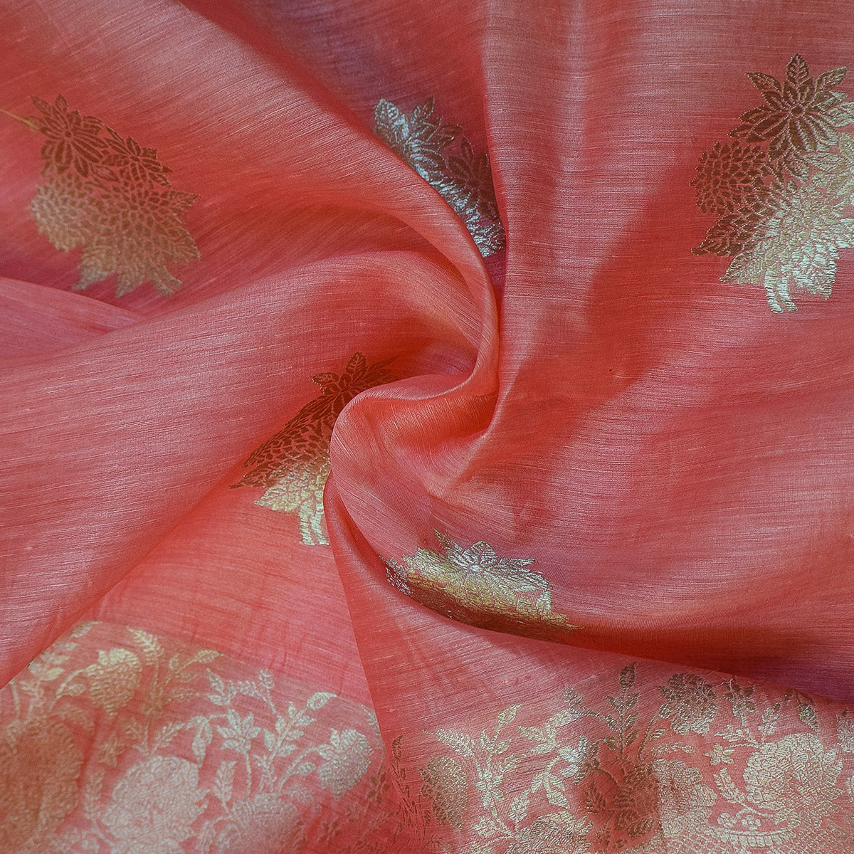 Coral Red Banarasi Linen Tussar Suit Set with Antique Zari Motifs and Hand-Tied Tassels