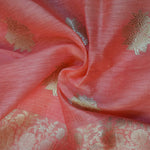 Coral Red Banarasi Linen Tussar Suit Set with Antique Zari Motifs and Hand-Tied Tassels