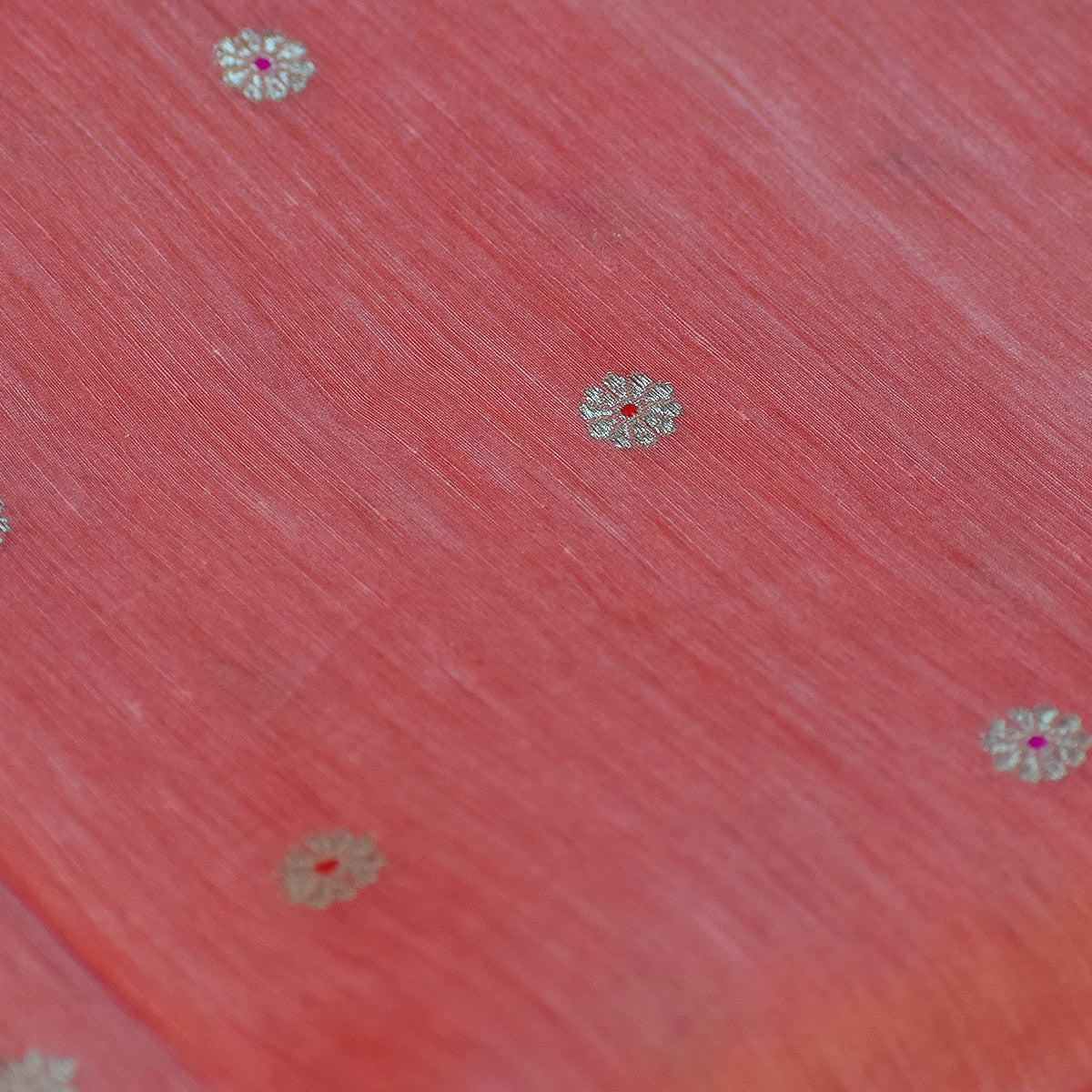 Coral Red Banarasi Linen Tussar Suit Set with Antique Zari Motifs and Hand-Tied Tassels