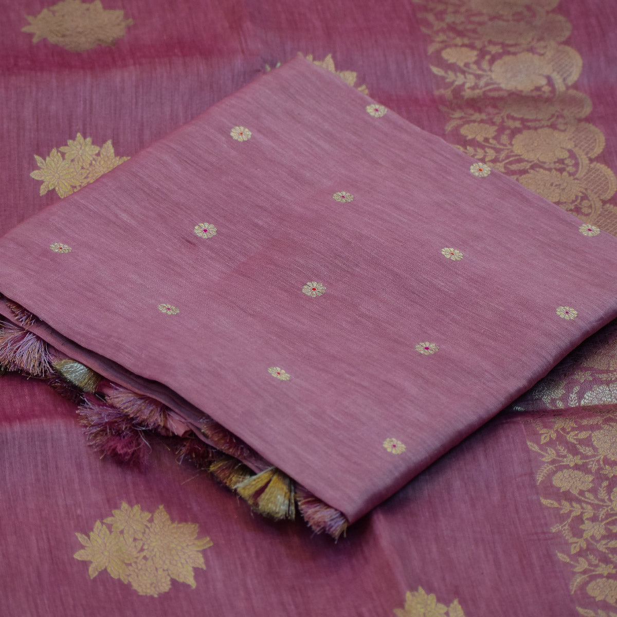 Dusty Rose Banarasi Linen Tussar Suit Set with Zari Buti & Ornate Border
