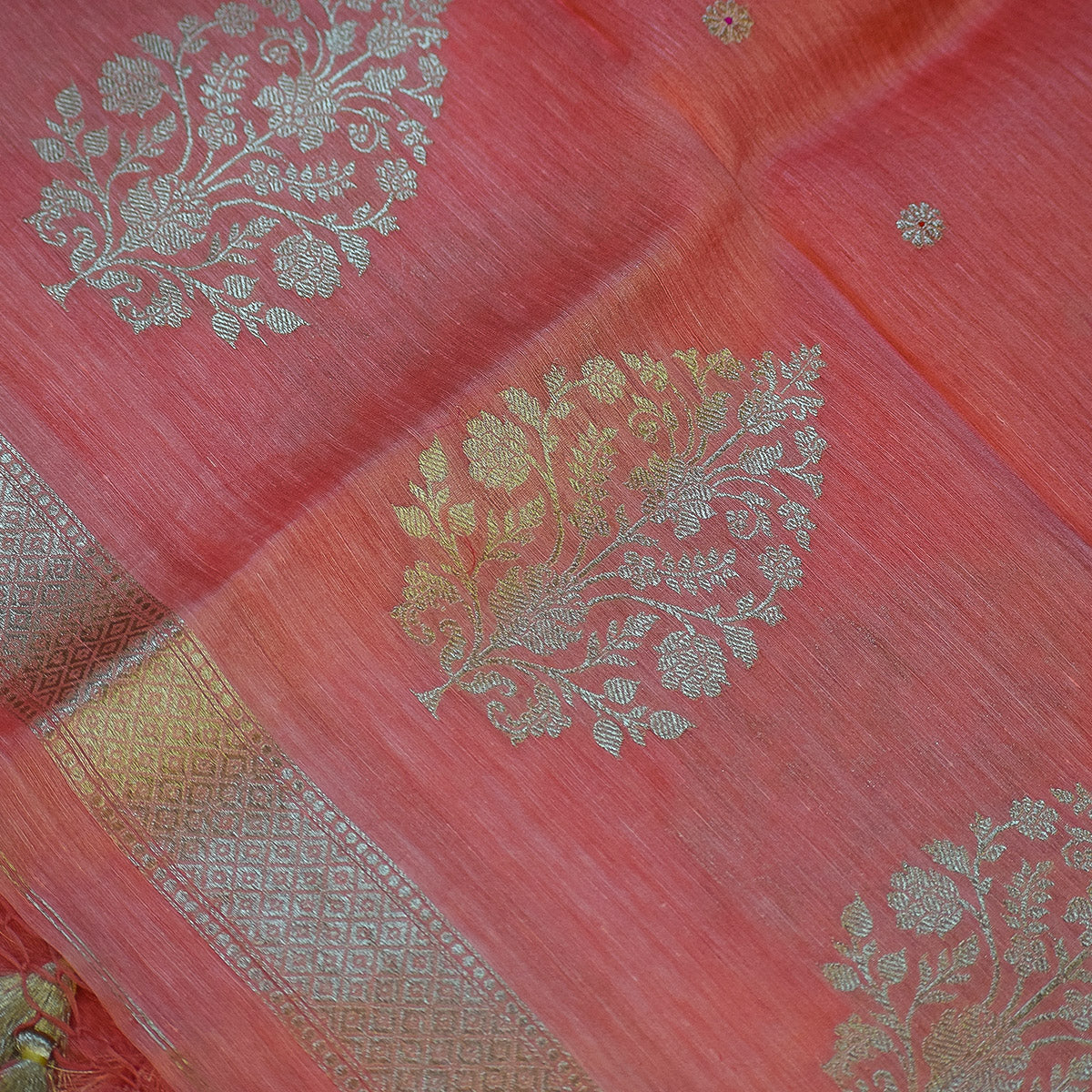 Coral Red Banarasi Linen Tussar Suit Set with Antique Zari Motifs and Hand-Tied Tassels