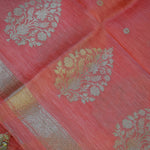 Coral Red Banarasi Linen Tussar Suit Set with Antique Zari Motifs and Hand-Tied Tassels