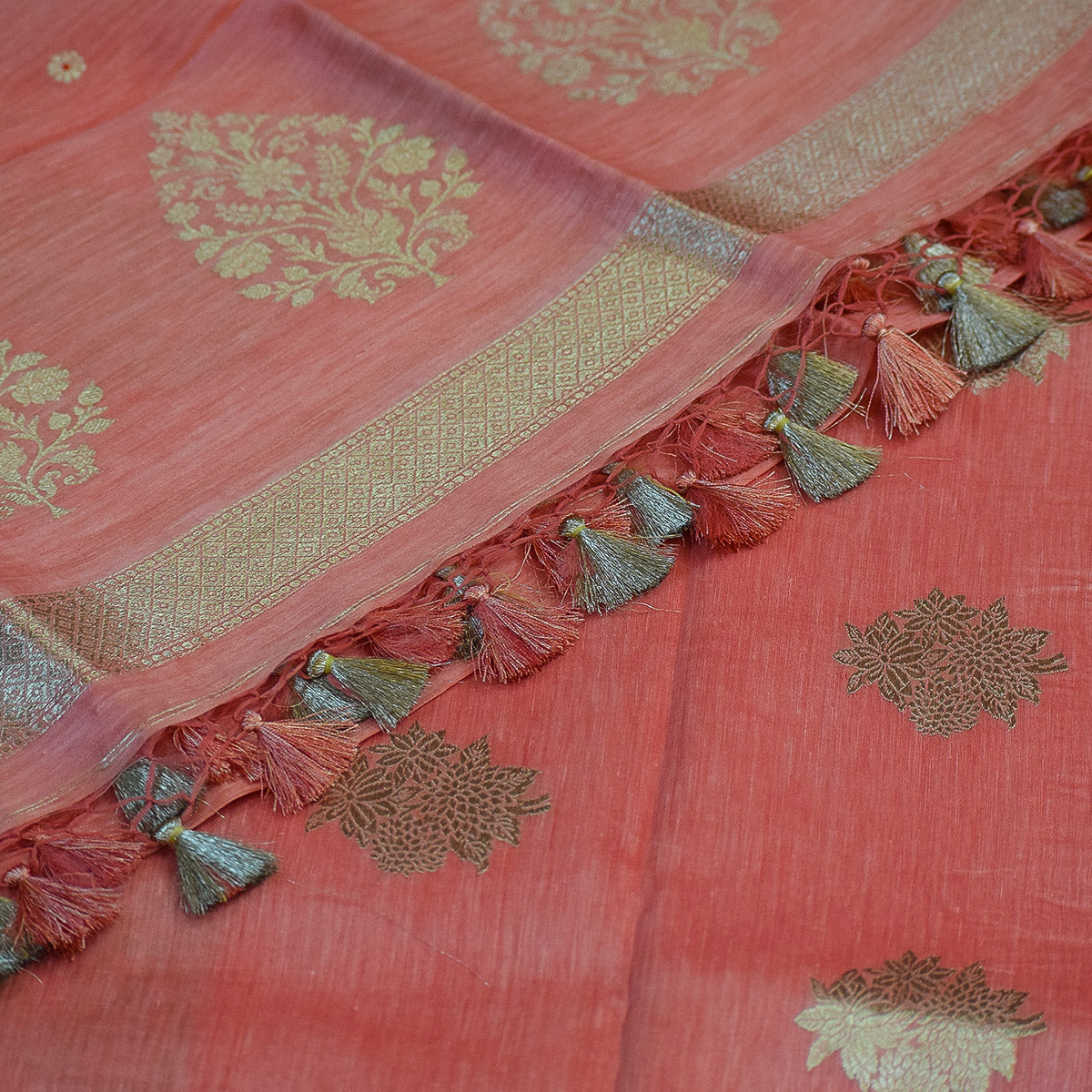 Coral Red Banarasi Linen Tussar Suit Set with Antique Zari Motifs and Hand-Tied Tassels
