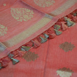 Coral Red Banarasi Linen Tussar Suit Set with Antique Zari Motifs and Hand-Tied Tassels