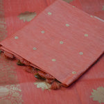 Coral Red Banarasi Linen Tussar Suit Set with Antique Zari Motifs and Hand-Tied Tassels