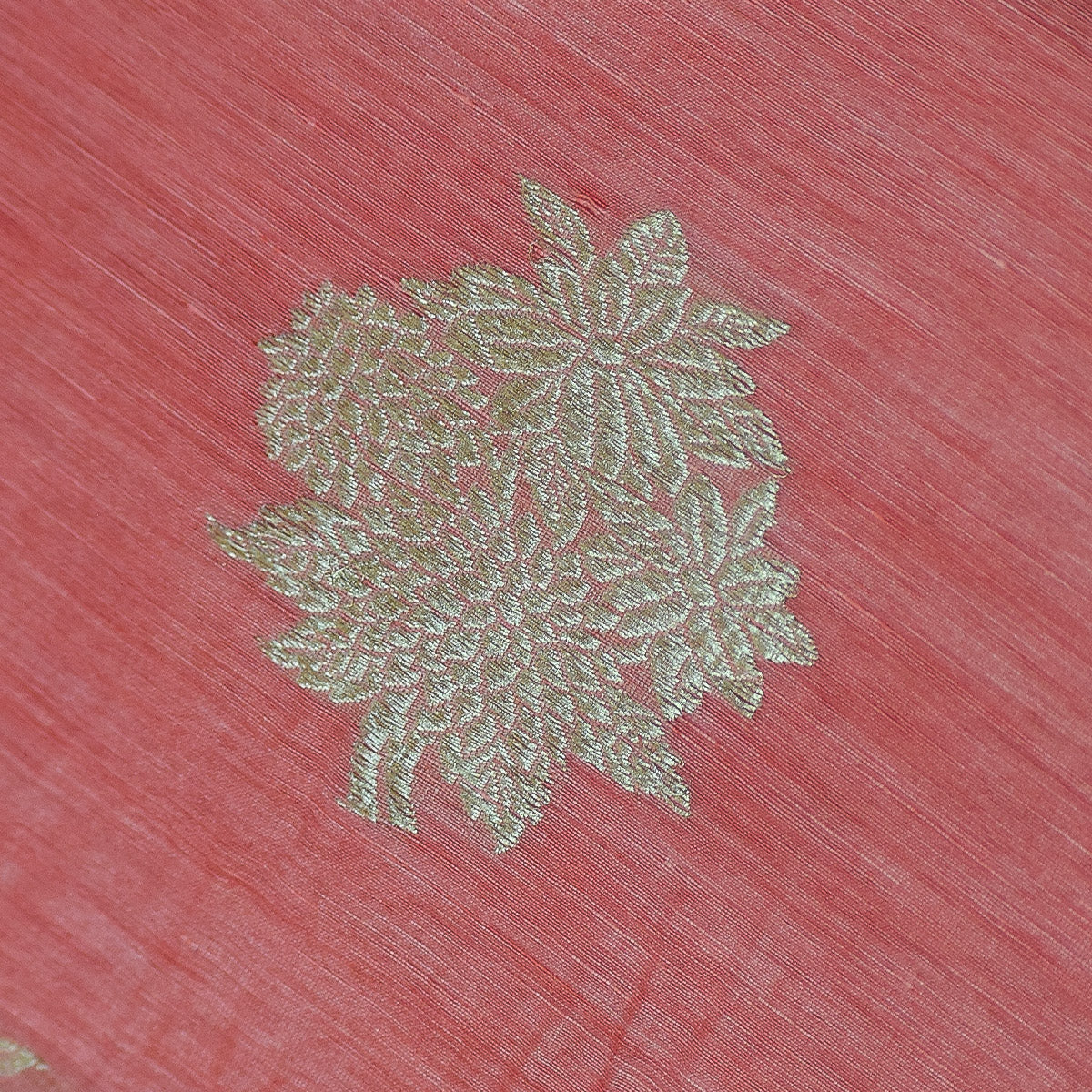 Coral Red Banarasi Linen Tussar Suit Set with Antique Zari Motifs and Hand-Tied Tassels