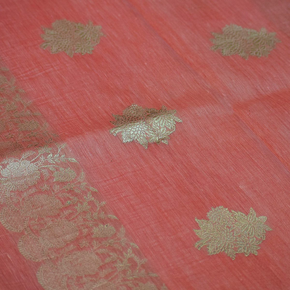 Coral Red Banarasi Linen Tussar Suit Set with Antique Zari Motifs and Hand-Tied Tassels