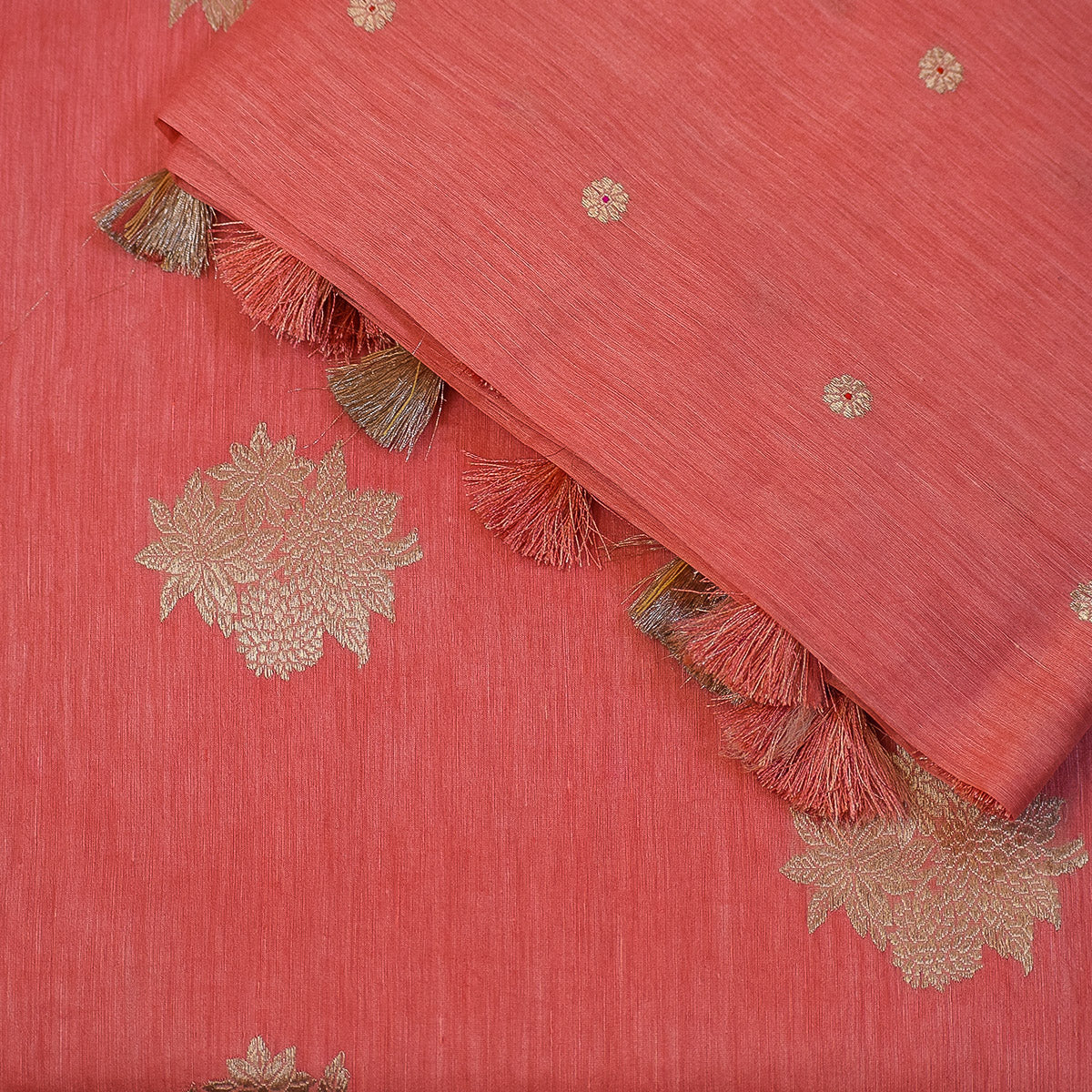 Coral Red Banarasi Linen Tussar Suit Set with Antique Zari Motifs and Hand-Tied Tassels