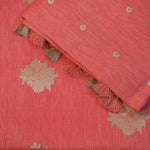 Coral Red Banarasi Linen Tussar Suit Set with Antique Zari Motifs and Hand-Tied Tassels
