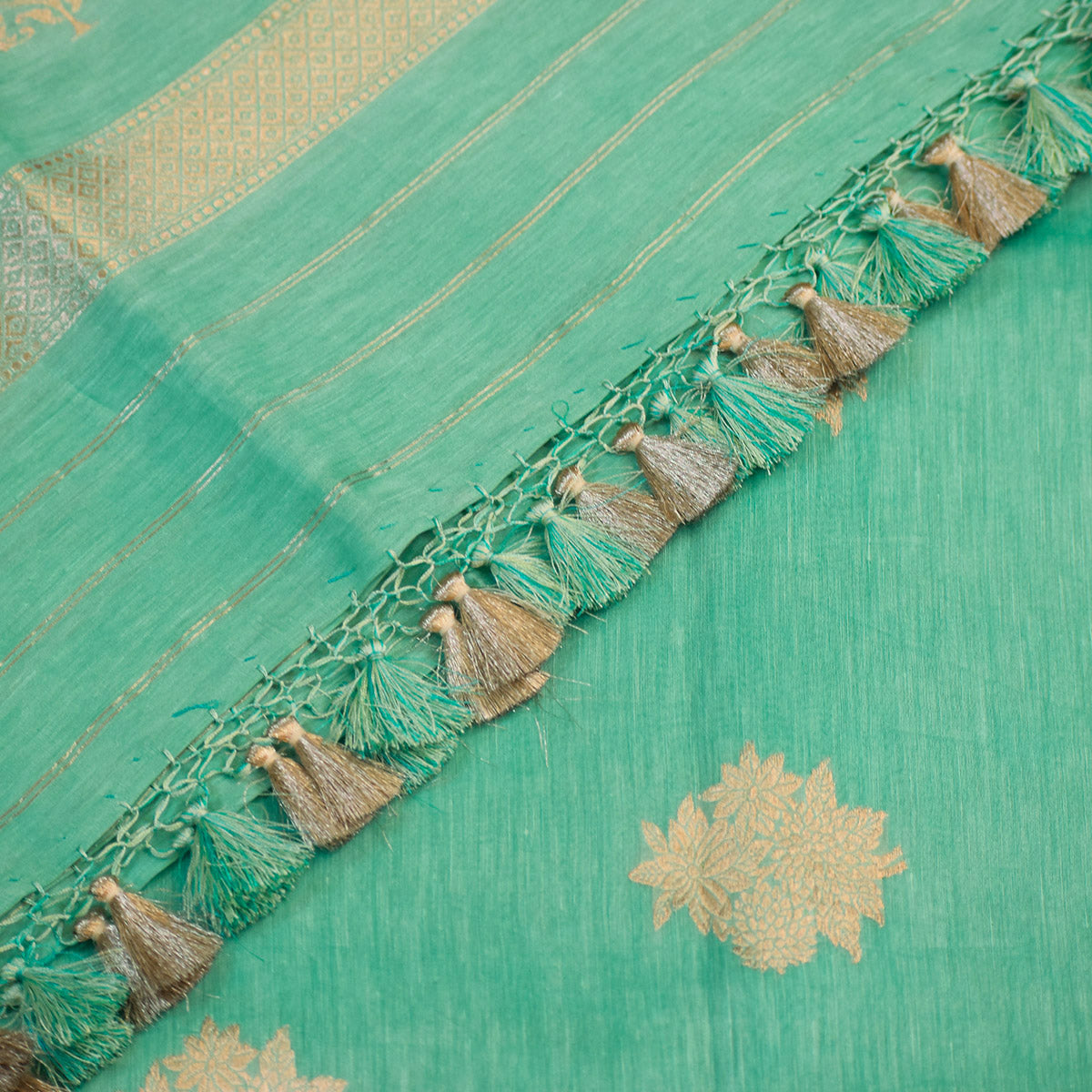 Sea Green Banarasi Linen Tussar Suit Set with Zari Buti & Ornate Border