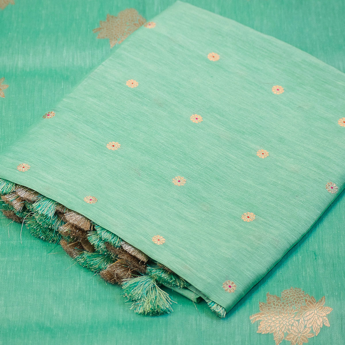 Sea Green Banarasi Linen Tussar Suit Set with Zari Buti & Ornate Border