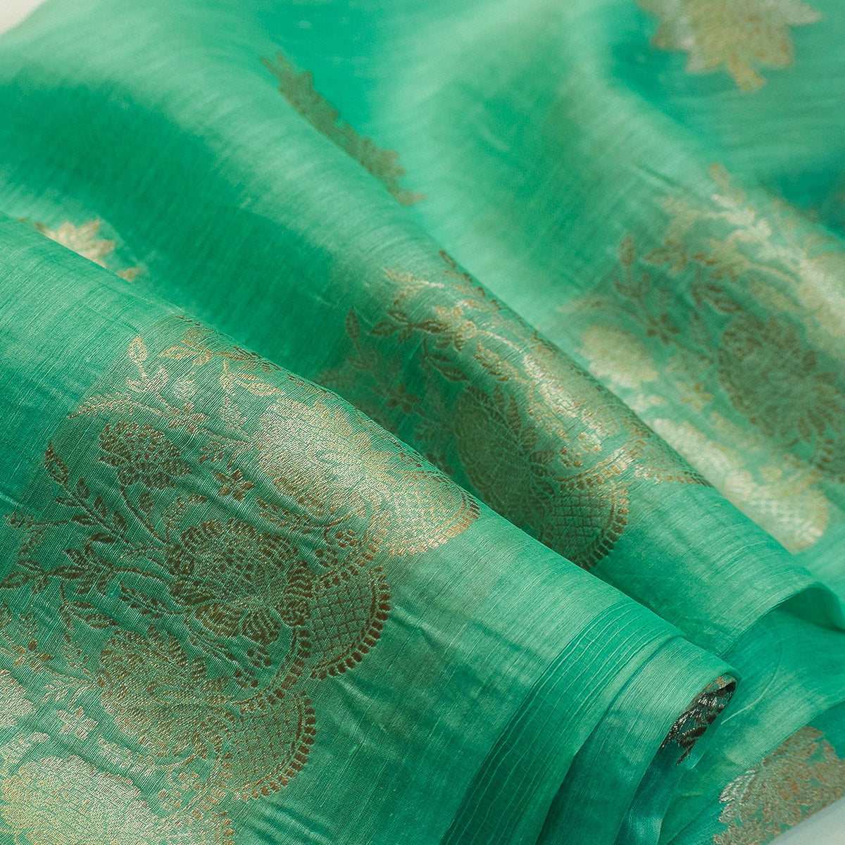 Sea Green Banarasi Linen Tussar Suit Set with Zari Buti & Ornate Border