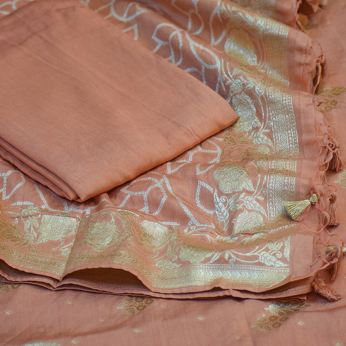 Peach Handwoven Banarasi Munga Muslin Suit Set with Floral Zari Work – Soft & Graceful