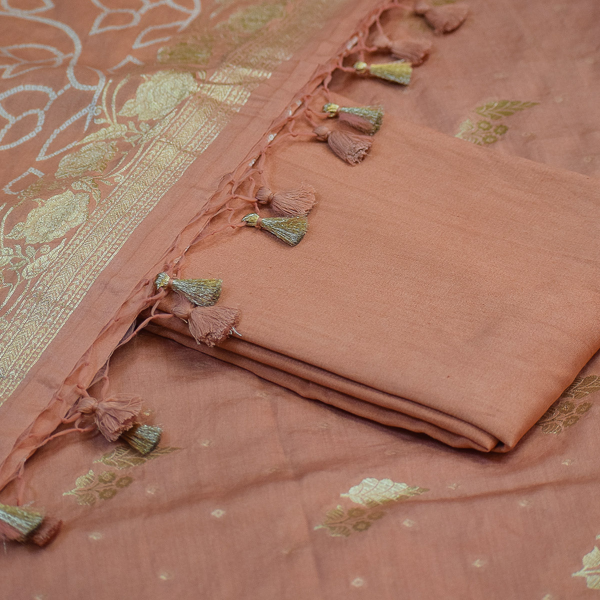 Peach Handwoven Banarasi Munga Muslin Suit Set with Floral Zari Work – Soft & Graceful