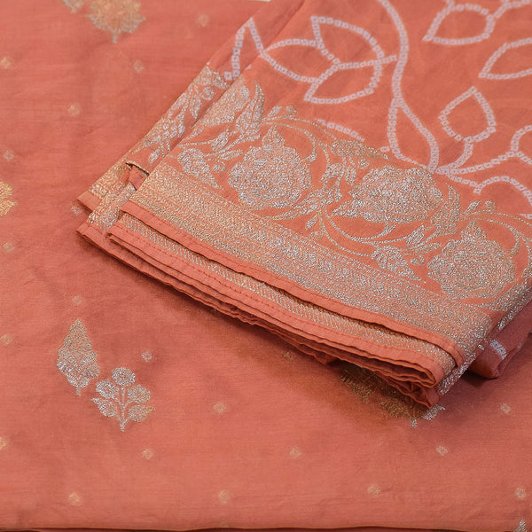 Peach Handwoven Banarasi Munga Muslin Suit Set with Floral Zari Work – Soft & Graceful