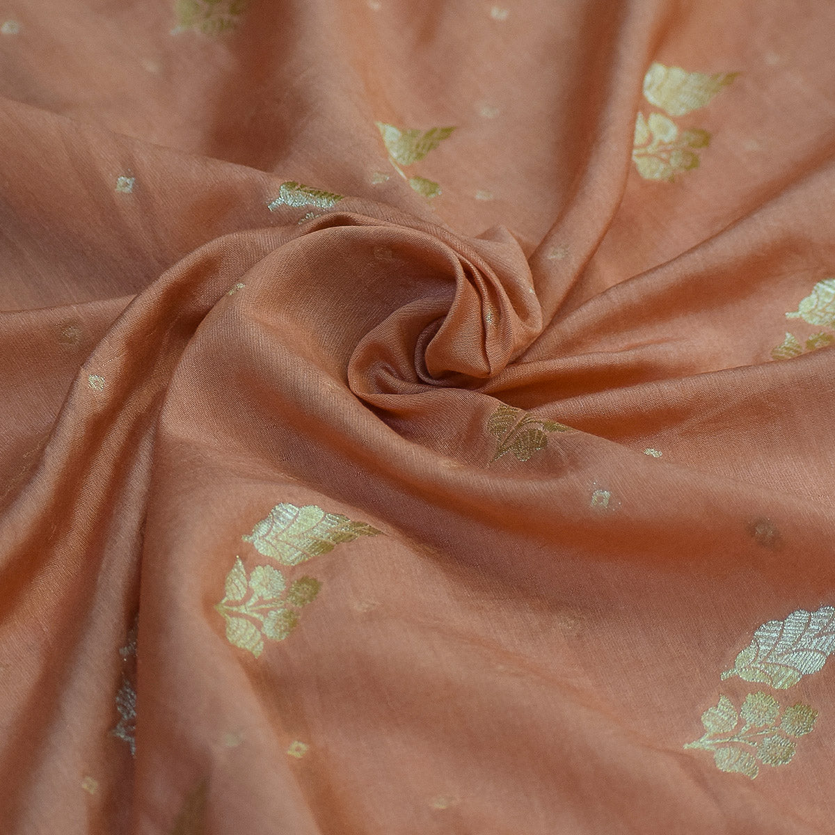Peach Handwoven Banarasi Munga Muslin Suit Set with Floral Zari Work – Soft & Graceful