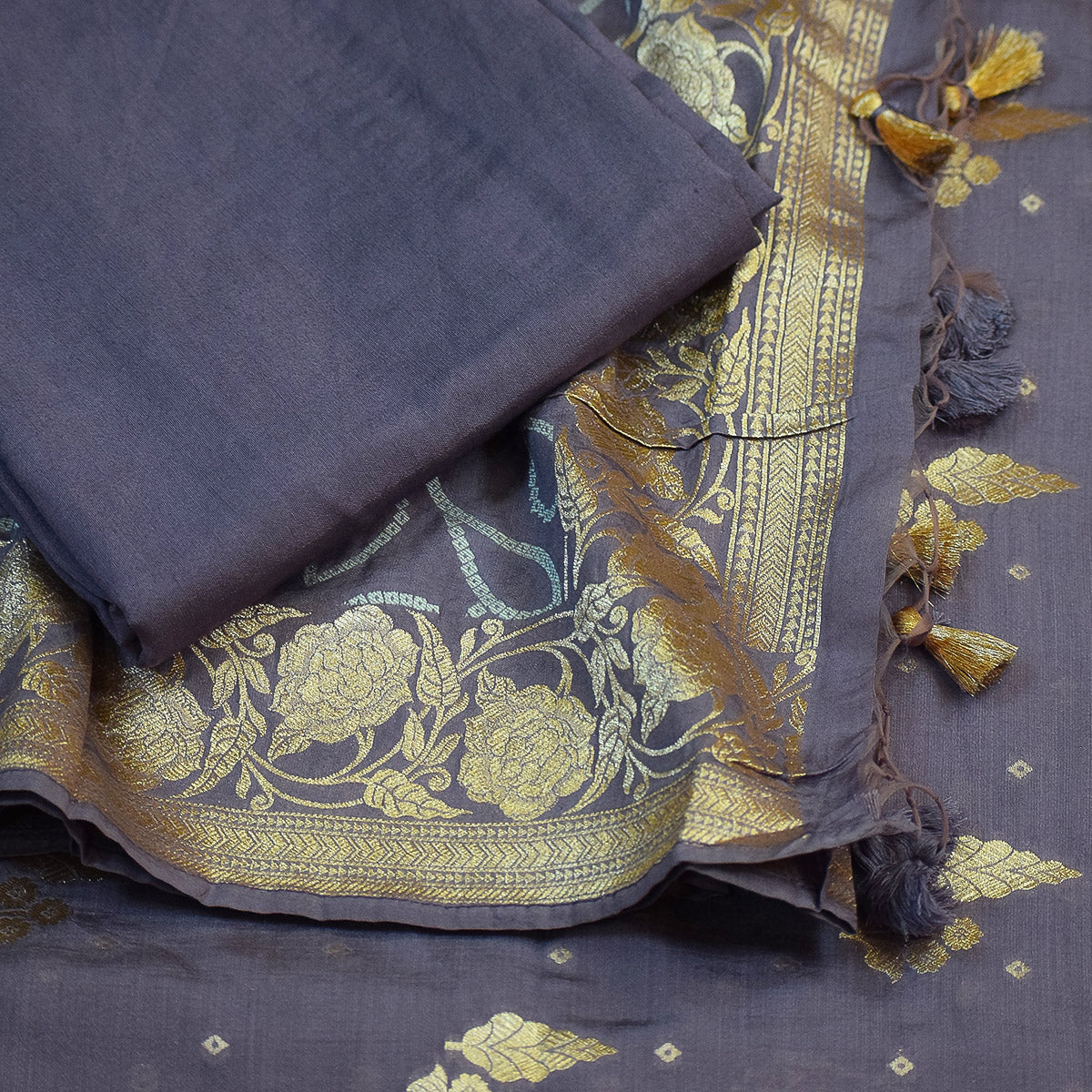 Royal Purple Handwoven Banarasi Munga Muslin Suit Set with Dual-Toned Zari Motifs – Deep Royal Purple