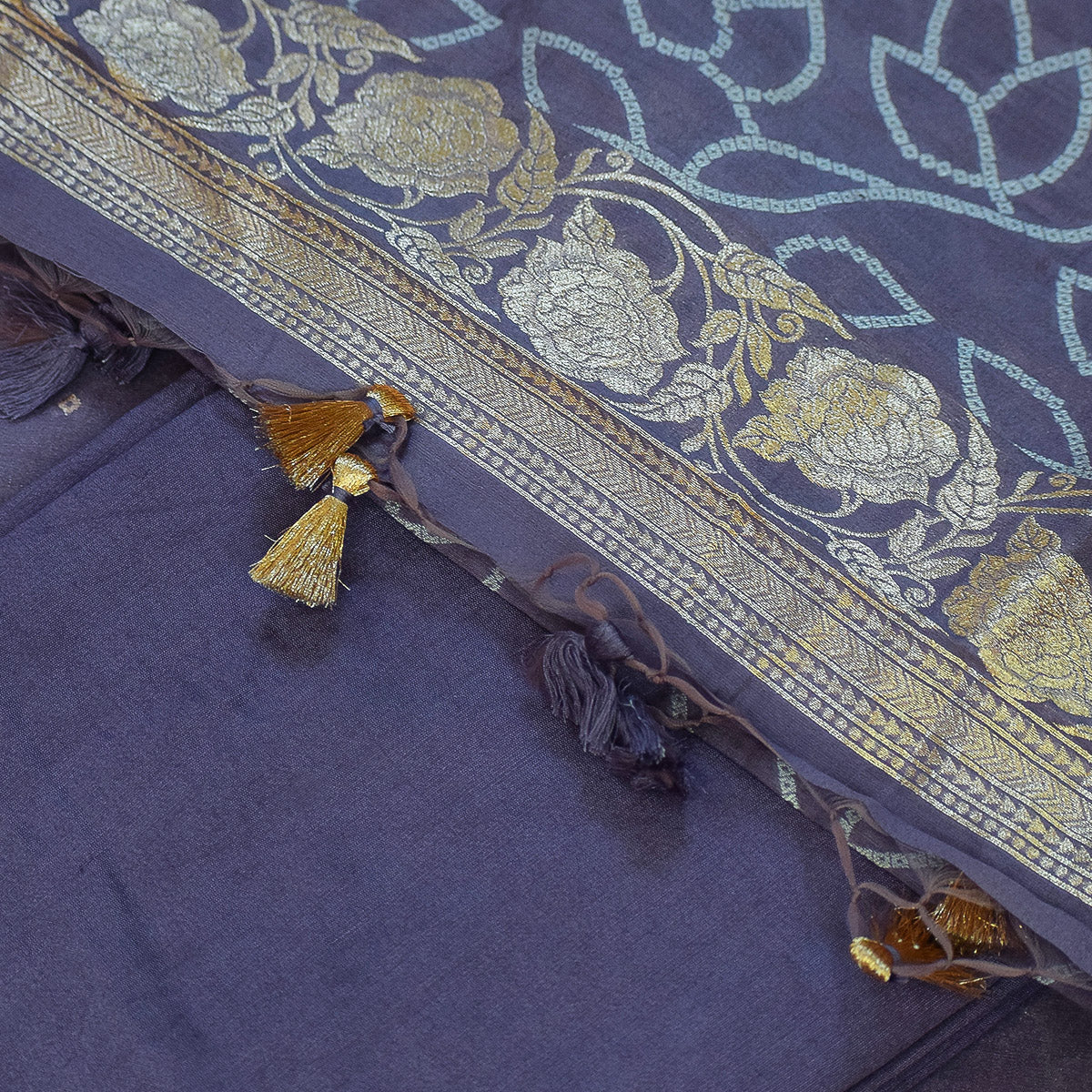 Royal Purple Handwoven Banarasi Munga Muslin Suit Set with Dual-Toned Zari Motifs – Deep Royal Purple