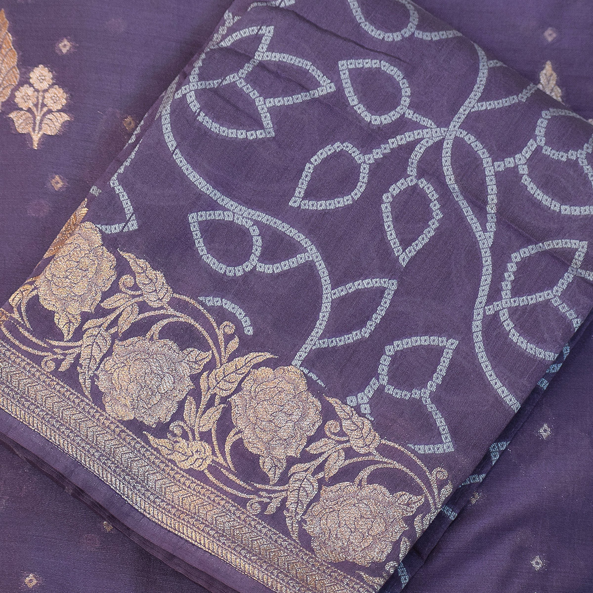 Royal Purple Handwoven Banarasi Munga Muslin Suit Set with Dual-Toned Zari Motifs – Deep Royal Purple