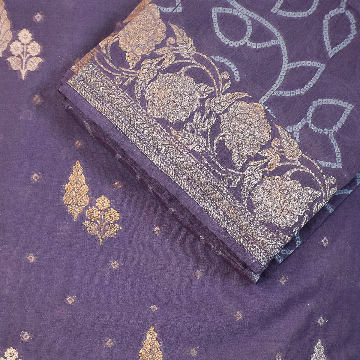 Royal Purple Handwoven Banarasi Munga Muslin Suit Set with Dual-Toned Zari Motifs – Deep Royal Purple