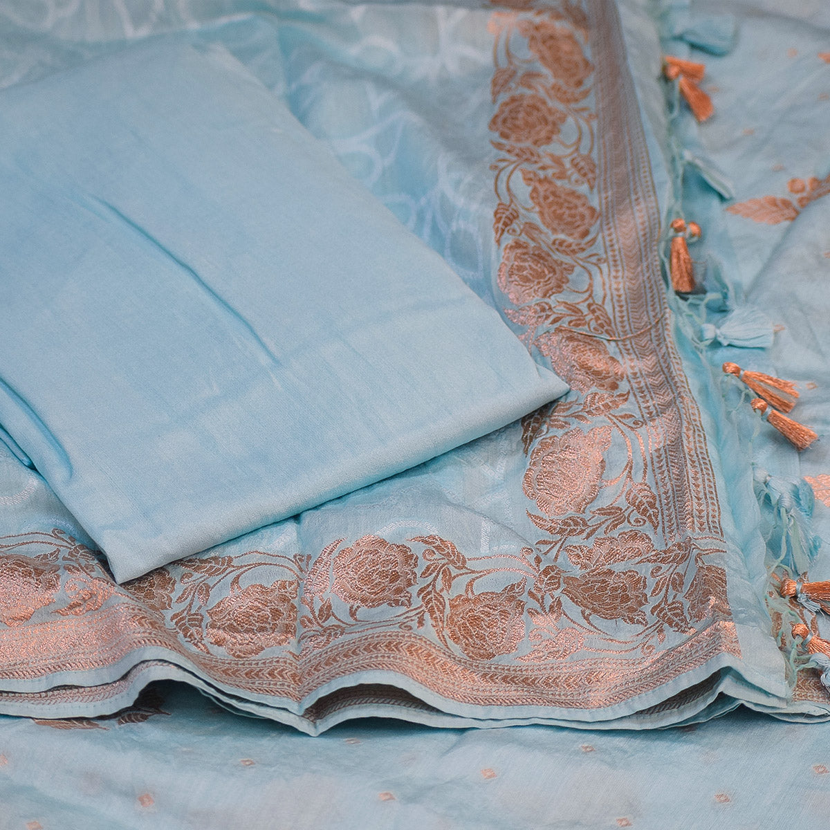 Powder Blue Handwoven Banarasi munga muslin Suit Set with Rose Gold Banarasi Detailing