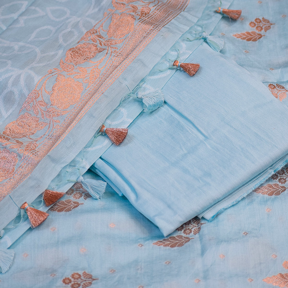 Powder Blue Handwoven Banarasi munga muslin Suit Set with Rose Gold Banarasi Detailing