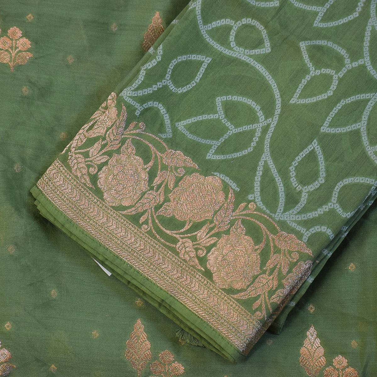 Sage Green Handwoven Banarasi Munga Muslin Suit Set with Dual-Toned Zari Motifs – Subtle & Elegant