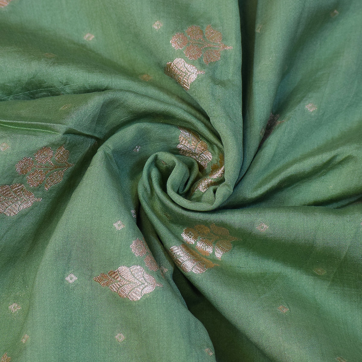 Sage Green Handwoven Banarasi Munga Muslin Suit Set with Dual-Toned Zari Motifs – Subtle & Elegant