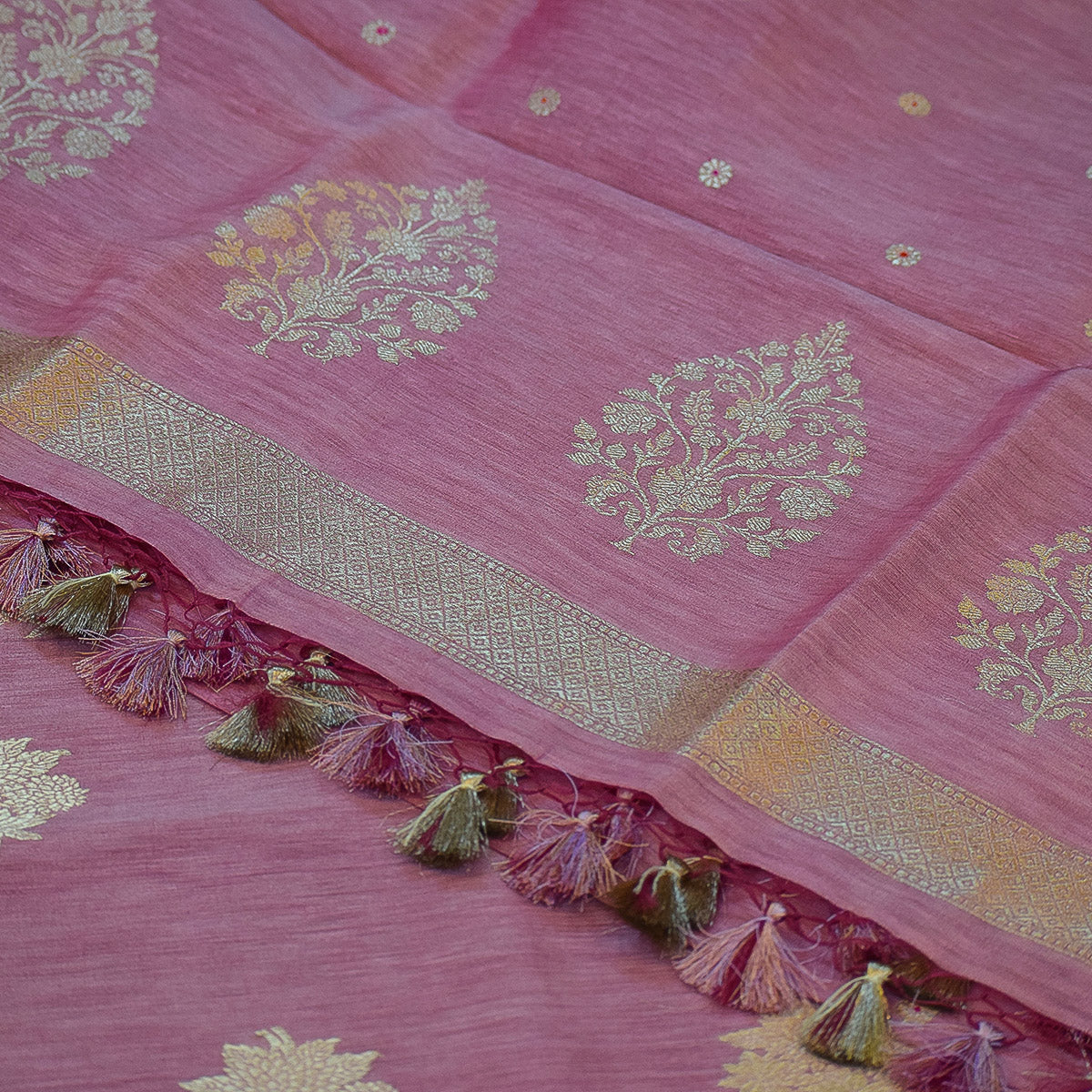 Dusty Rose Banarasi Linen Tussar Suit Set with Zari Buti & Ornate Border