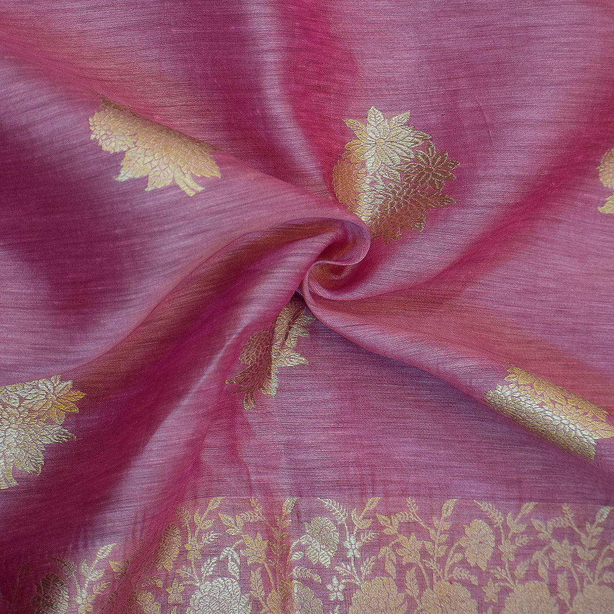 Dusty Rose Banarasi Linen Tussar Suit Set with Zari Buti & Ornate Border