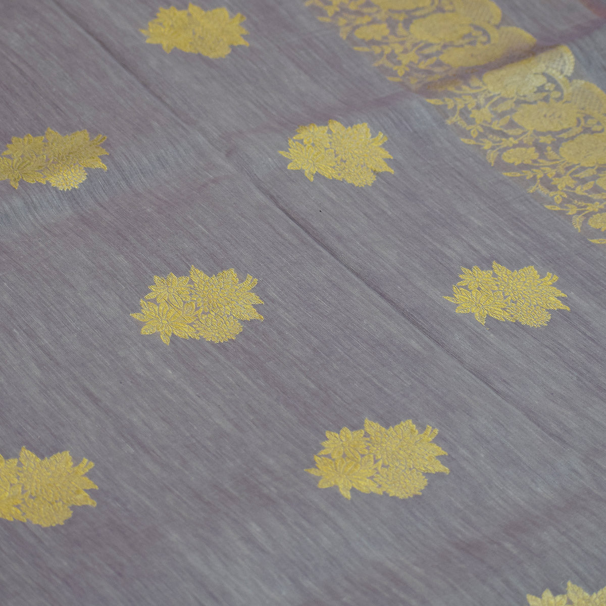 Lavender Grey Banarasi Linen Tussar Suit Set with Antique Zari Weave and Handcrafted Tassels