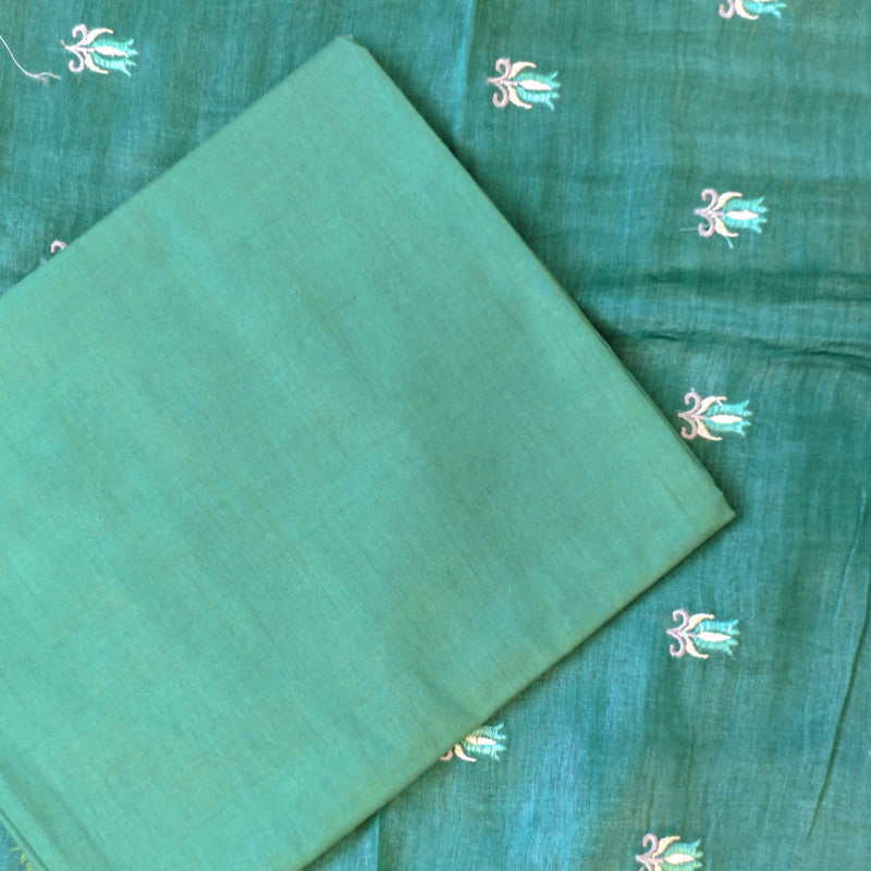 Pure tussar linen handloom unstitched kurta,bottom & dupatta set with floral embroidery-Emerald green