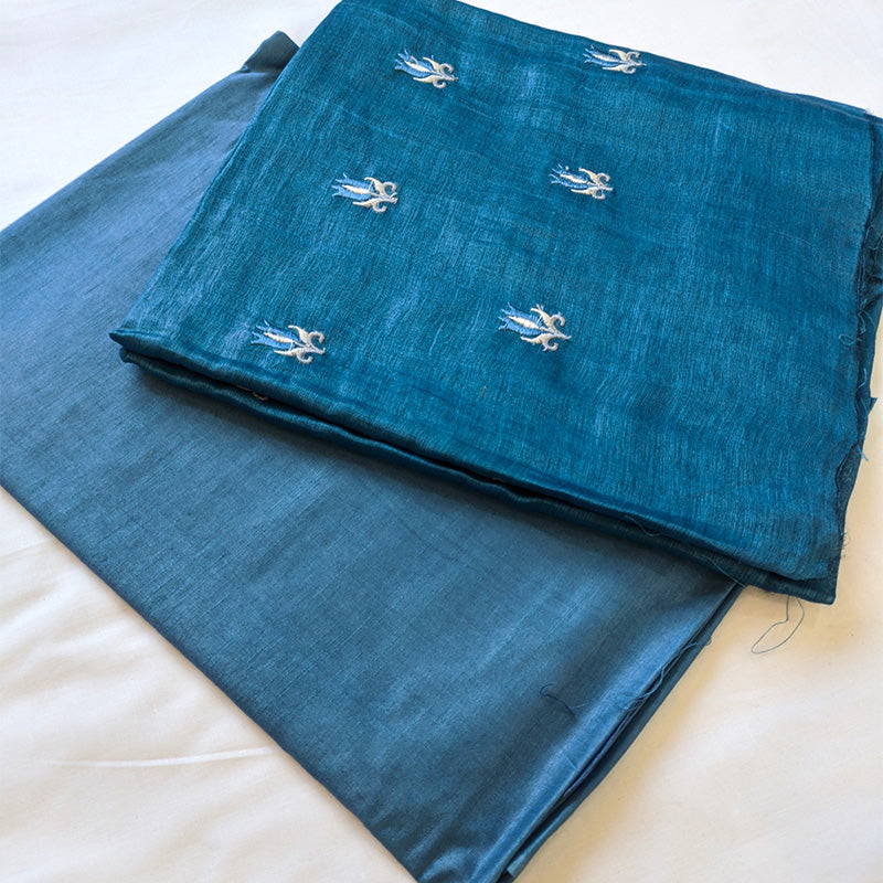 Pure tussar linen handloom unstitched kurta,bottom & dupatta set with floral embroidery-Royal blue
