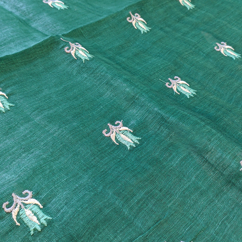 Pure tussar linen handloom unstitched kurta,bottom & dupatta set with floral embroidery-Emerald green