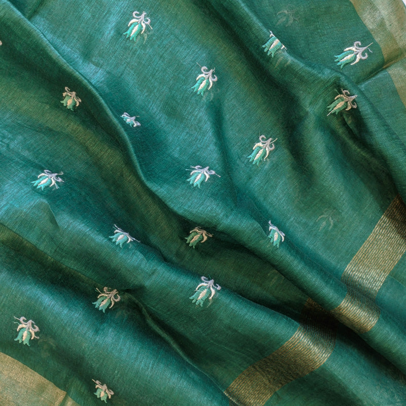Pure tussar linen handloom unstitched kurta,bottom & dupatta set with floral embroidery-Emerald green
