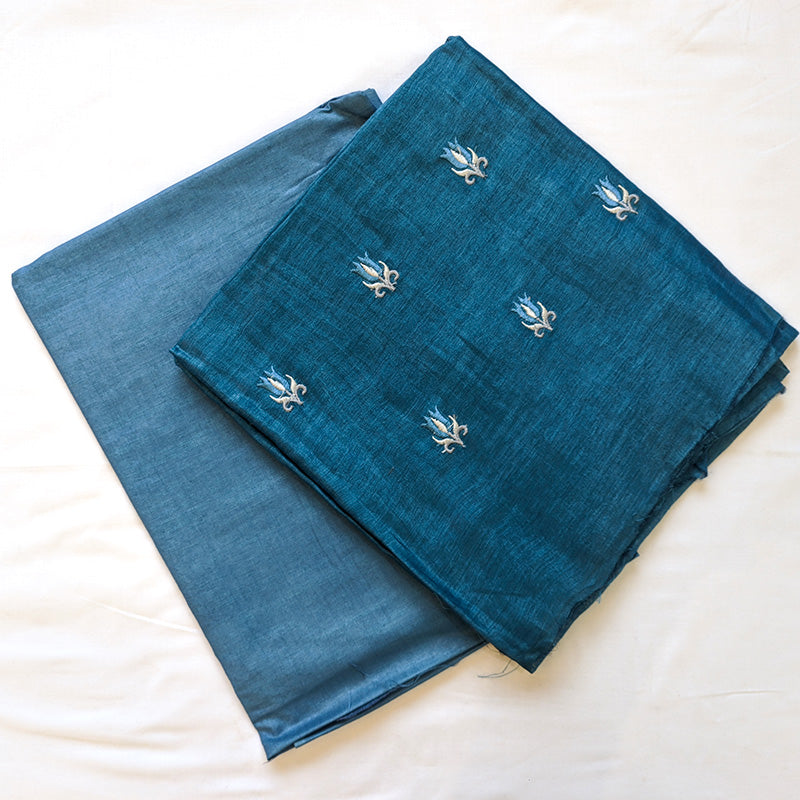 Pure tussar linen handloom unstitched kurta,bottom & dupatta set with floral embroidery-Royal blue