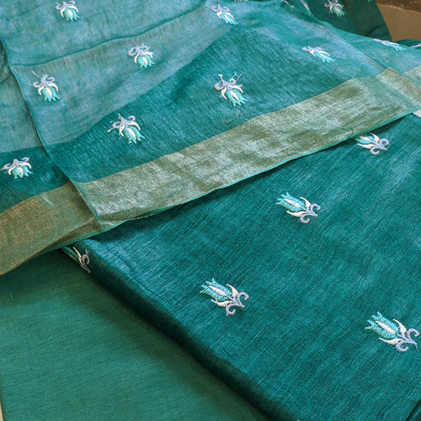 Pure tussar linen handloom unstitched kurta,bottom & dupatta set with floral embroidery-Navy blue