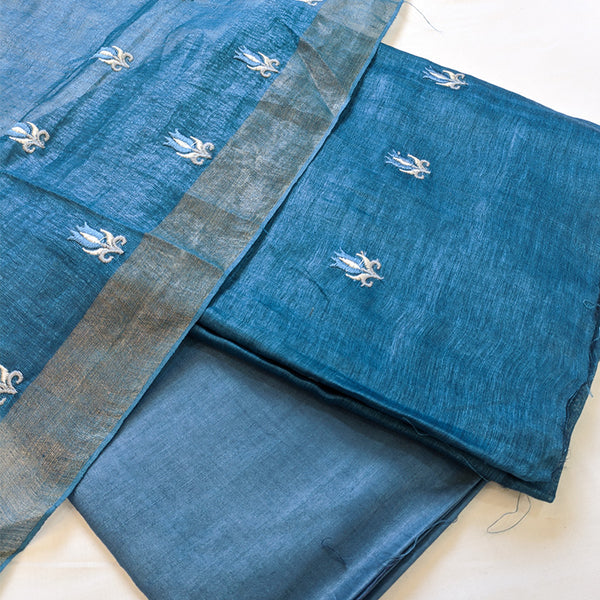 Pure tussar linen handloom unstitched kurta,bottom & dupatta set with floral embroidery-Royal blue