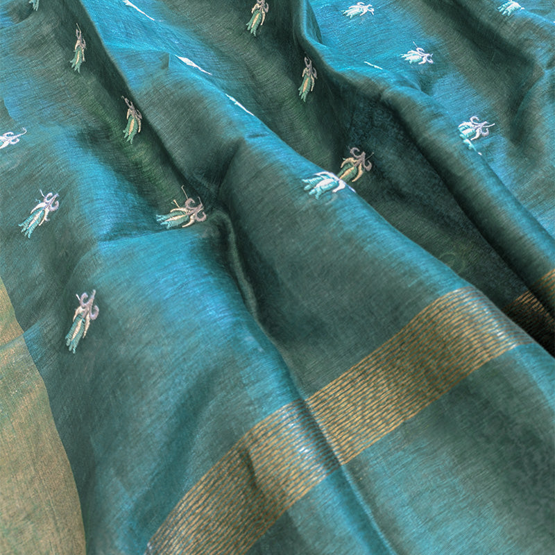 Pure tussar linen handloom unstitched kurta,bottom & dupatta set with floral embroidery-Emerald green