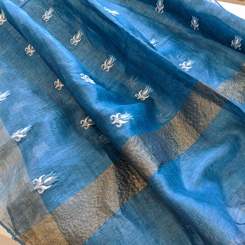Pure tussar linen handloom unstitched kurta,bottom & dupatta set with floral embroidery-Royal blue