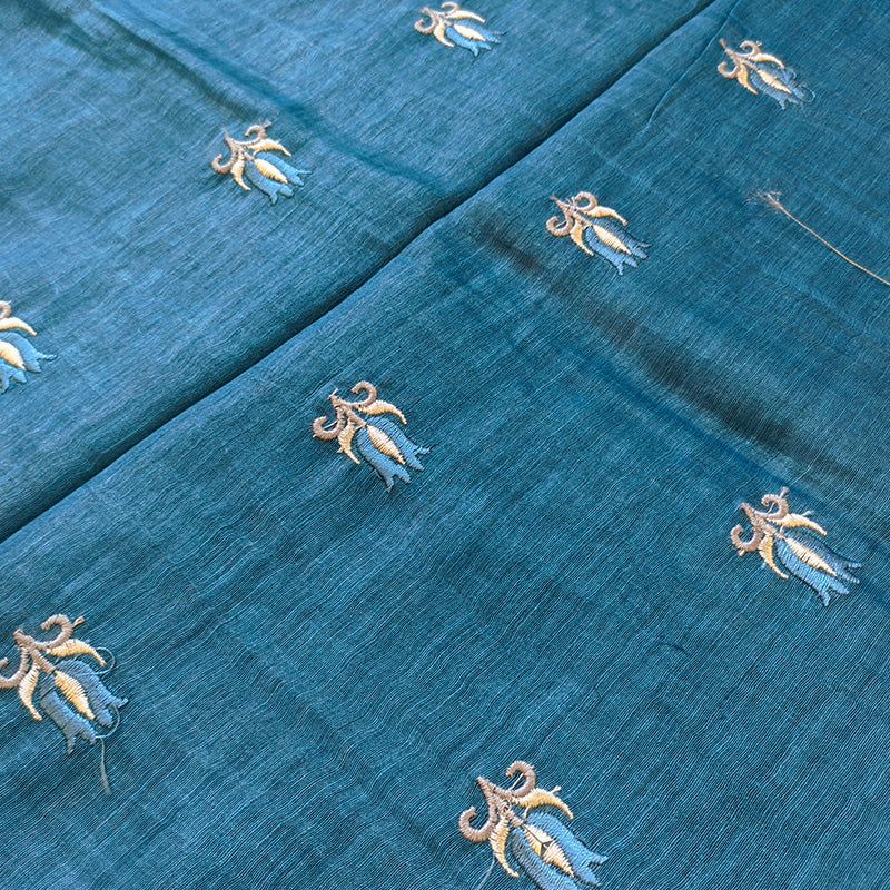 Pure tussar linen handloom unstitched kurta,bottom & dupatta set with floral embroidery-Royal blue