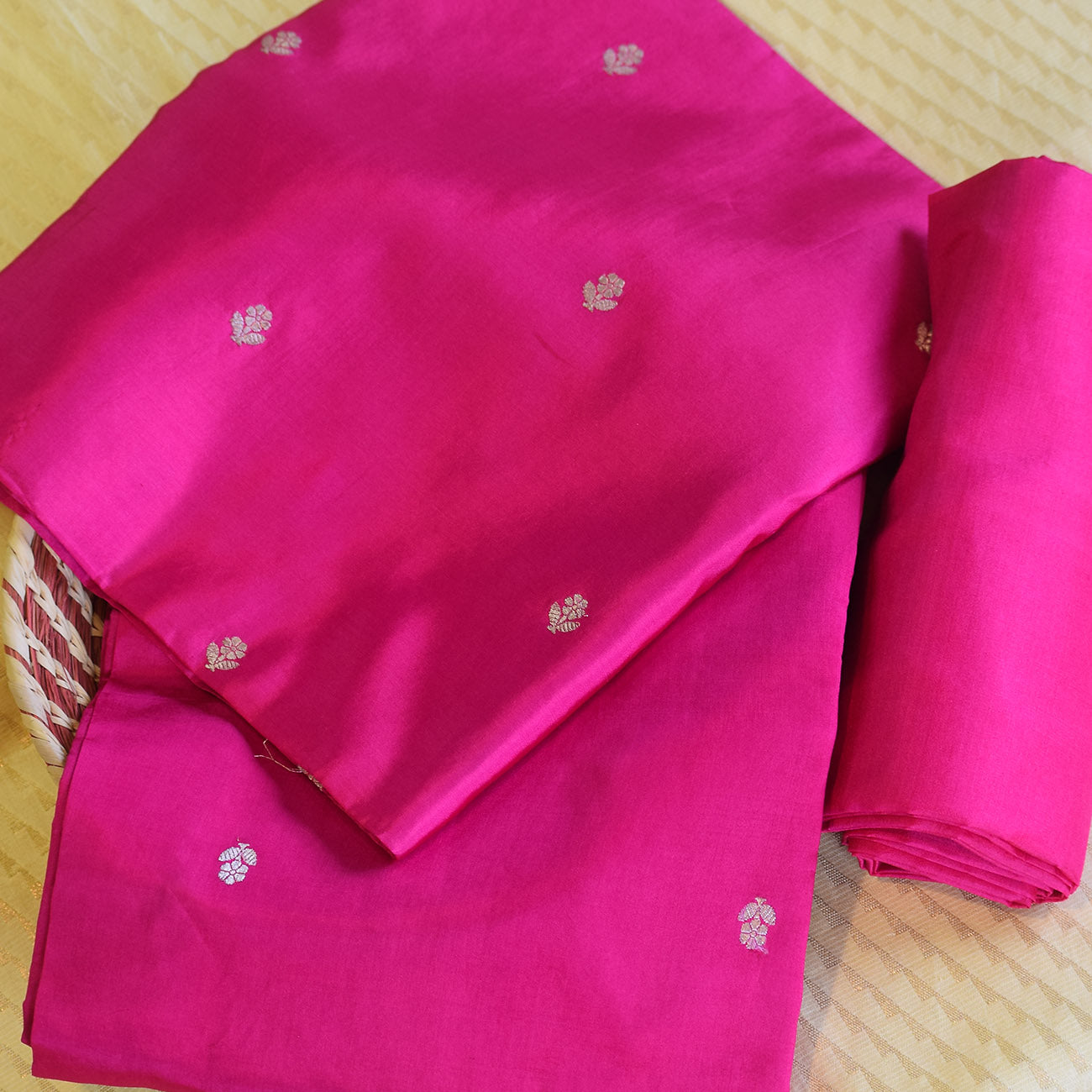 Rani Pink Handwoven Banarasi Munga Muslin Suit Set with Intricate Zari Borders & Playful Tassels