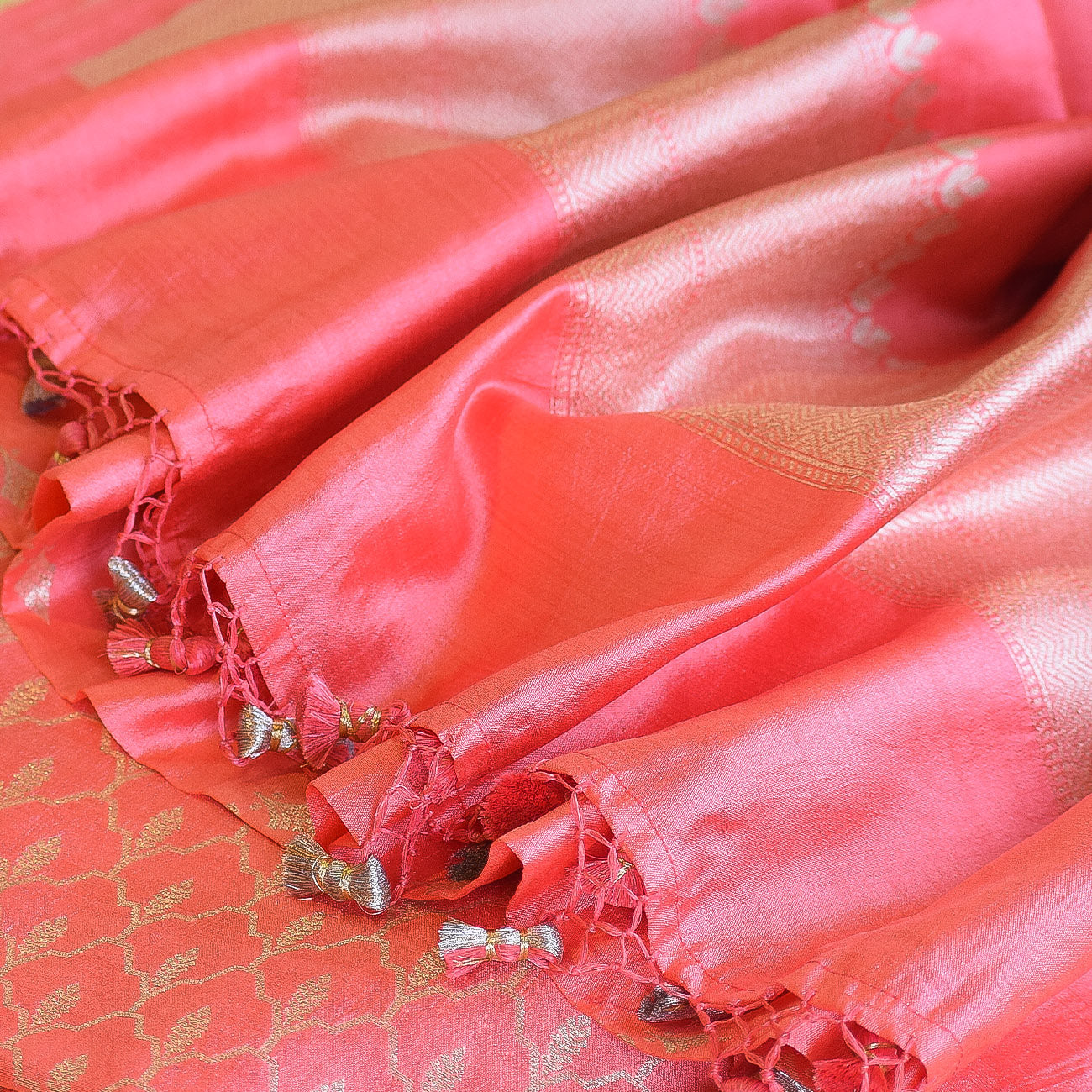 Pink Handwoven Banarasi Munga Muslin Suit Set with Zari Butis & Ornate Border