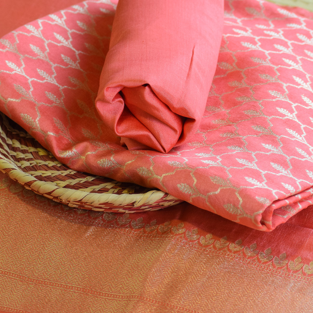 Pink Handwoven Banarasi Munga Muslin Suit Set with Zari Butis & Ornate Border